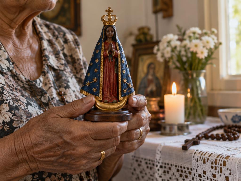 Mãos de uma devota segurando a imagem de Nossa Senhora Aparecida
